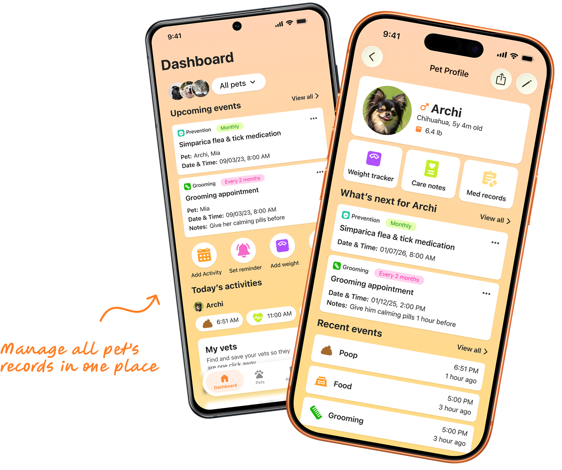 iOS and Android phone mockups highlighting app features, showing dashboard and et profile pages
