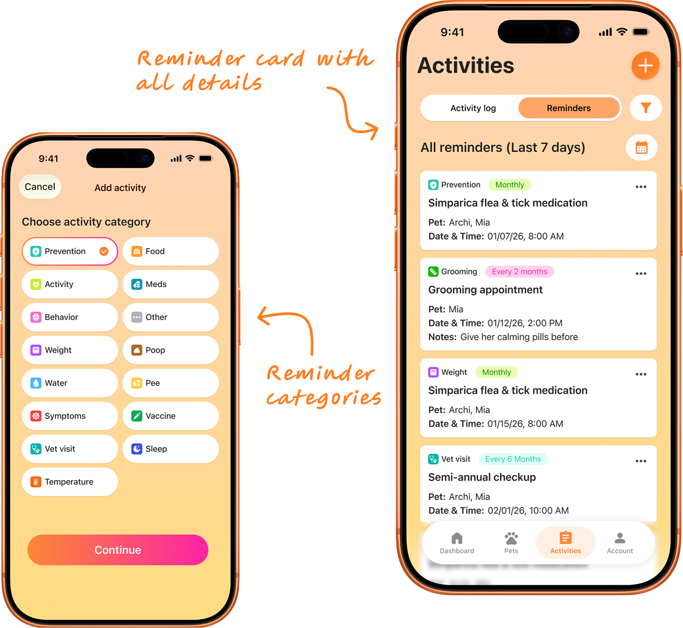 phone mockups displaying reminders and reminder categories
